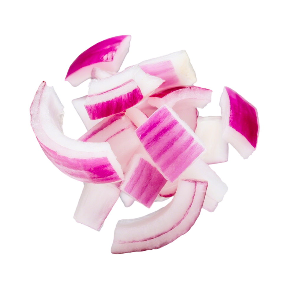 Close-up of diced red onion pieces on a transparent background png
