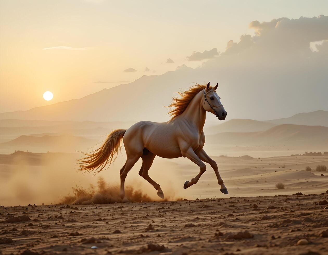 Horse Running Freely in Desert Landscape at Sunrise photo