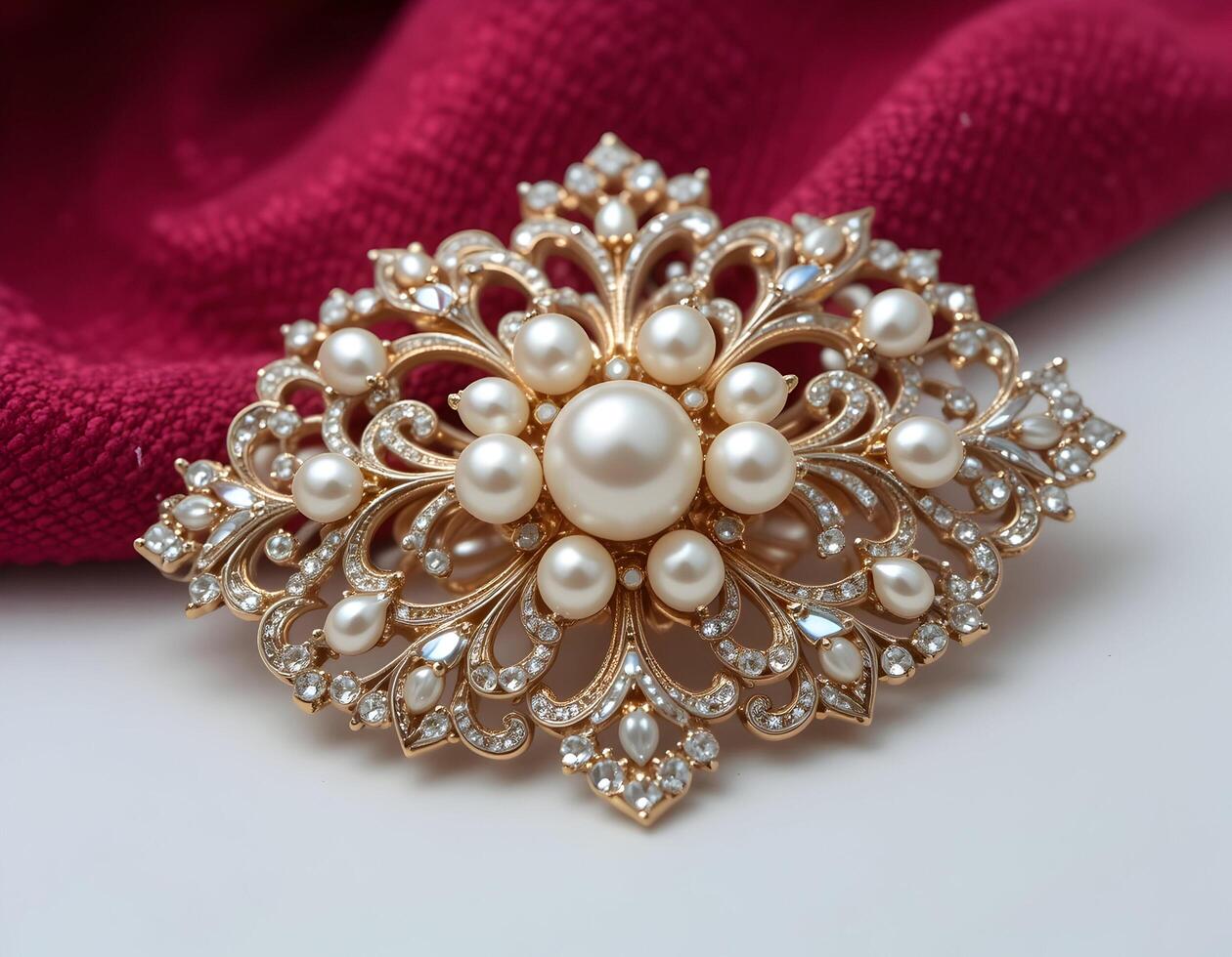 Elegant Brooch with Pearls and Sparkling Stones on Red Fabric photo