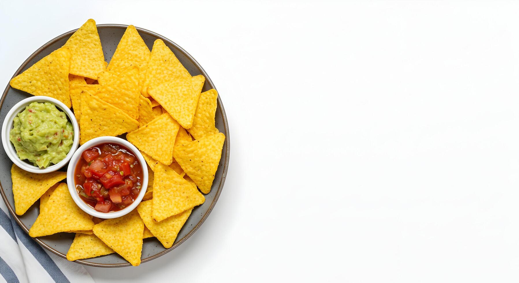 Serving Nachos with Guacamole and Salsa on a Plate photo