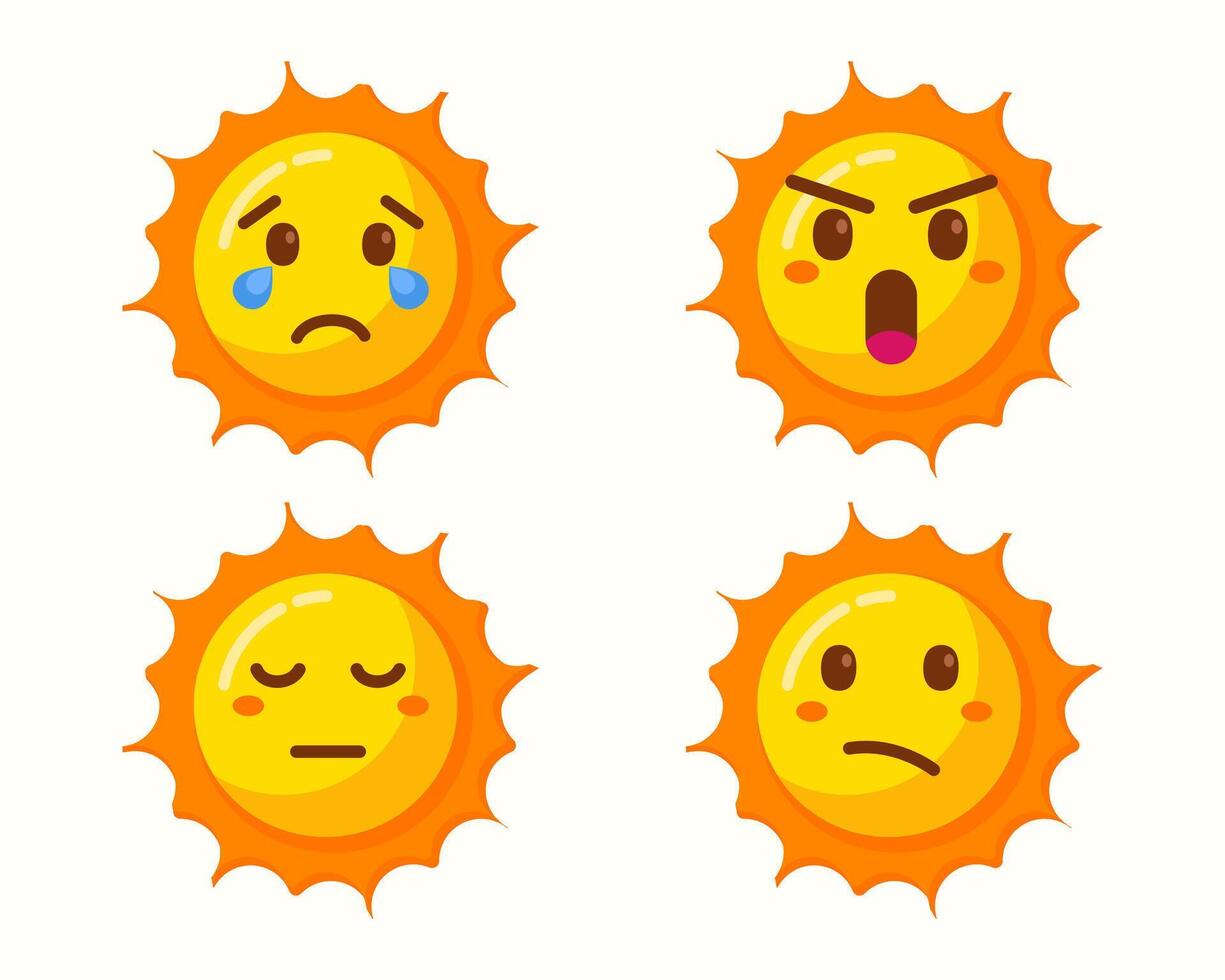 Cute sun cartoon with different expressions isolated vector