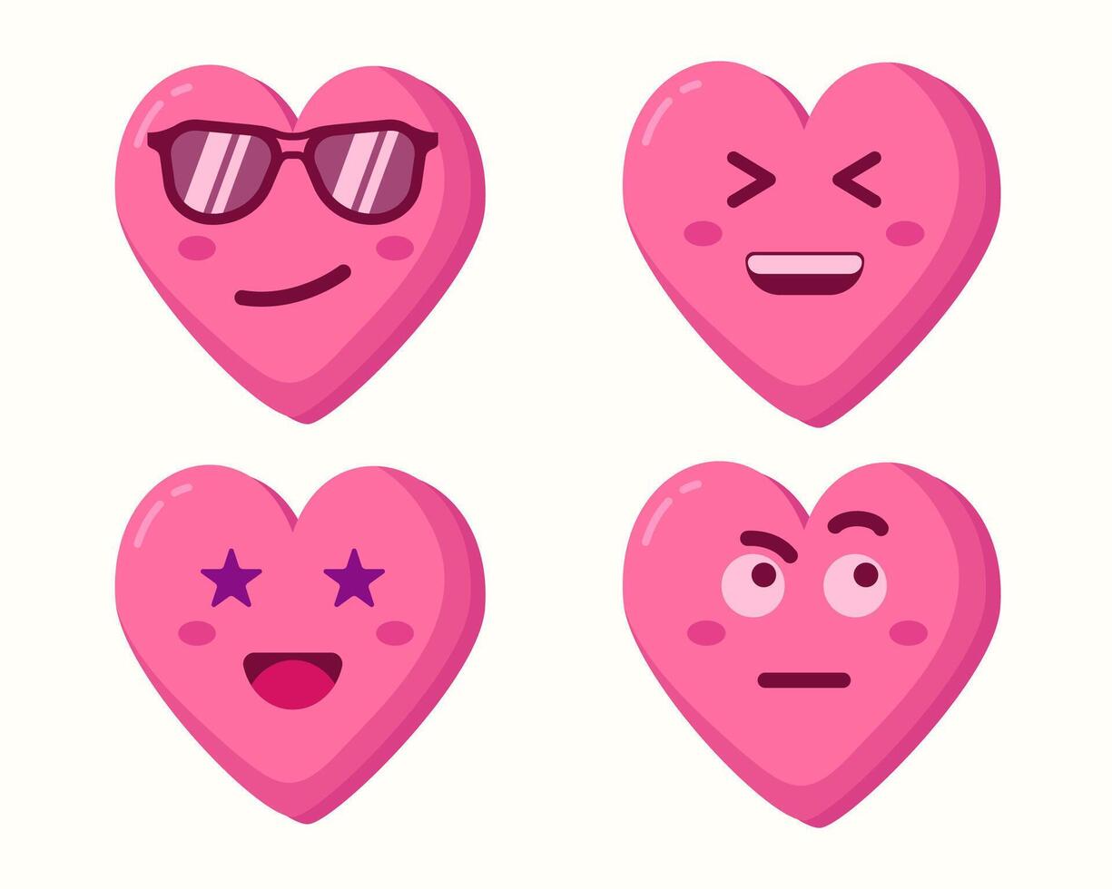 Cute cartoon pink hearts with different expressions isolated set collection vector