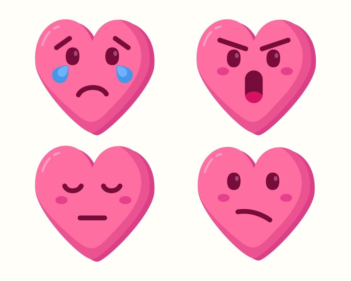 Cute cartoon pink hearts with different expressions isolated vector