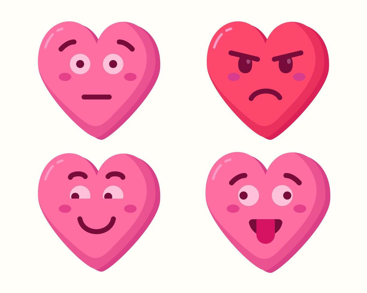 Cute cartoon pink hearts with different expressions isolated collections vector