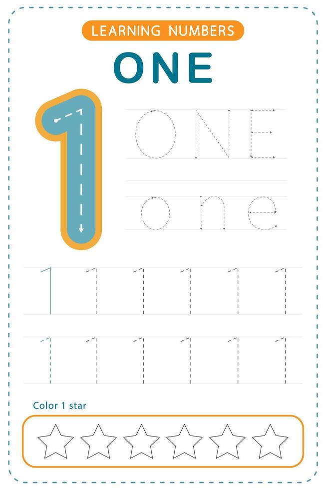 Number one tracing. Preschool worksheets. Writing practice for kids. vector