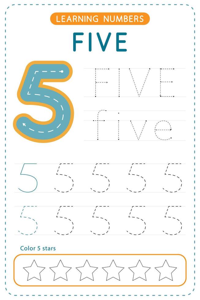 Number five tracing. Preschool worksheets. Writing practice for kids. vector