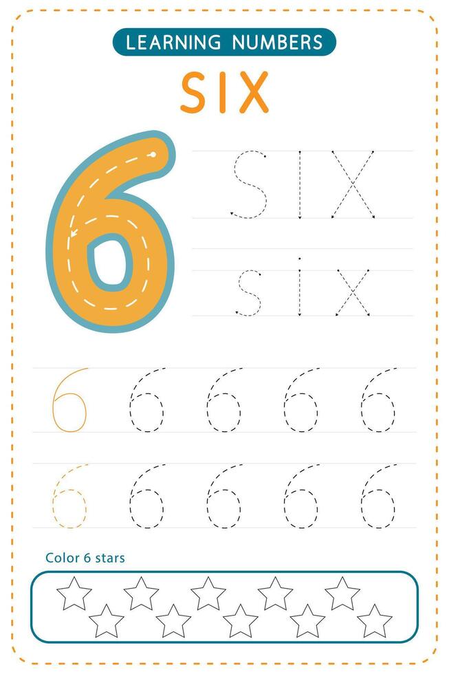 Number six tracing. Preschool worksheets. Writing practice for kids. vector