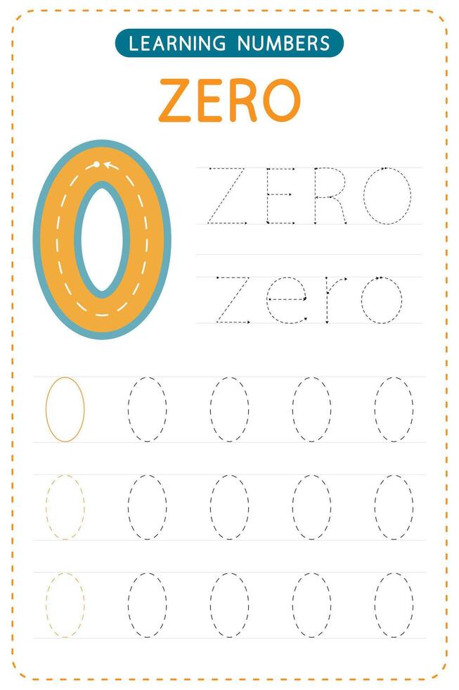 Number zero tracing. Preschool worksheets. Writing practice for kids. vector