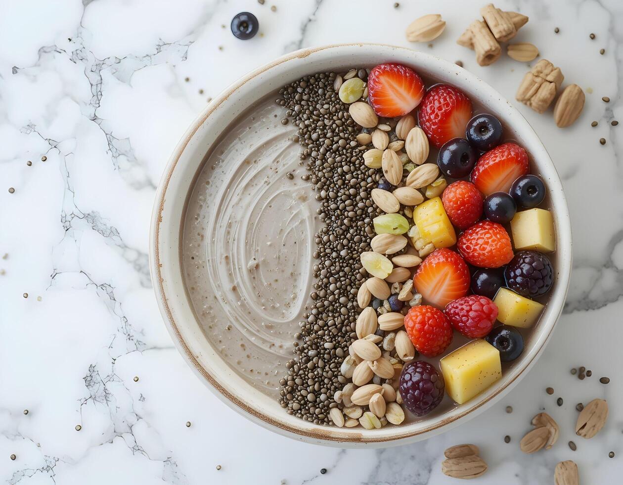 Preparing Healthy Breakfast Bowl with Smoothie and Fresh Fruits photo