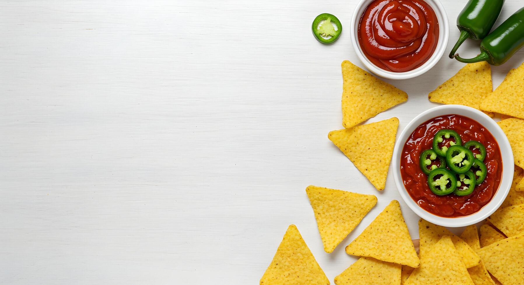 Serving Chips with Salsa and Jalapenos on White Surface photo