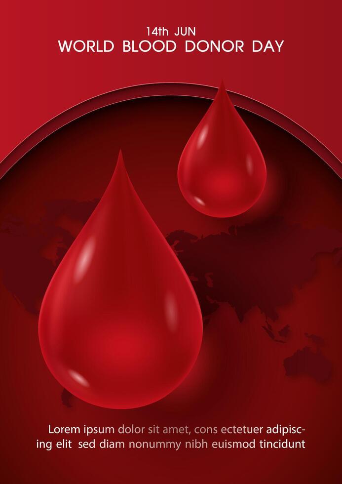 Poster illustration campaign of World Blood Donor Day in paper cut style with blood droplet in glass style wording of event and example texts on world map and red background. vector