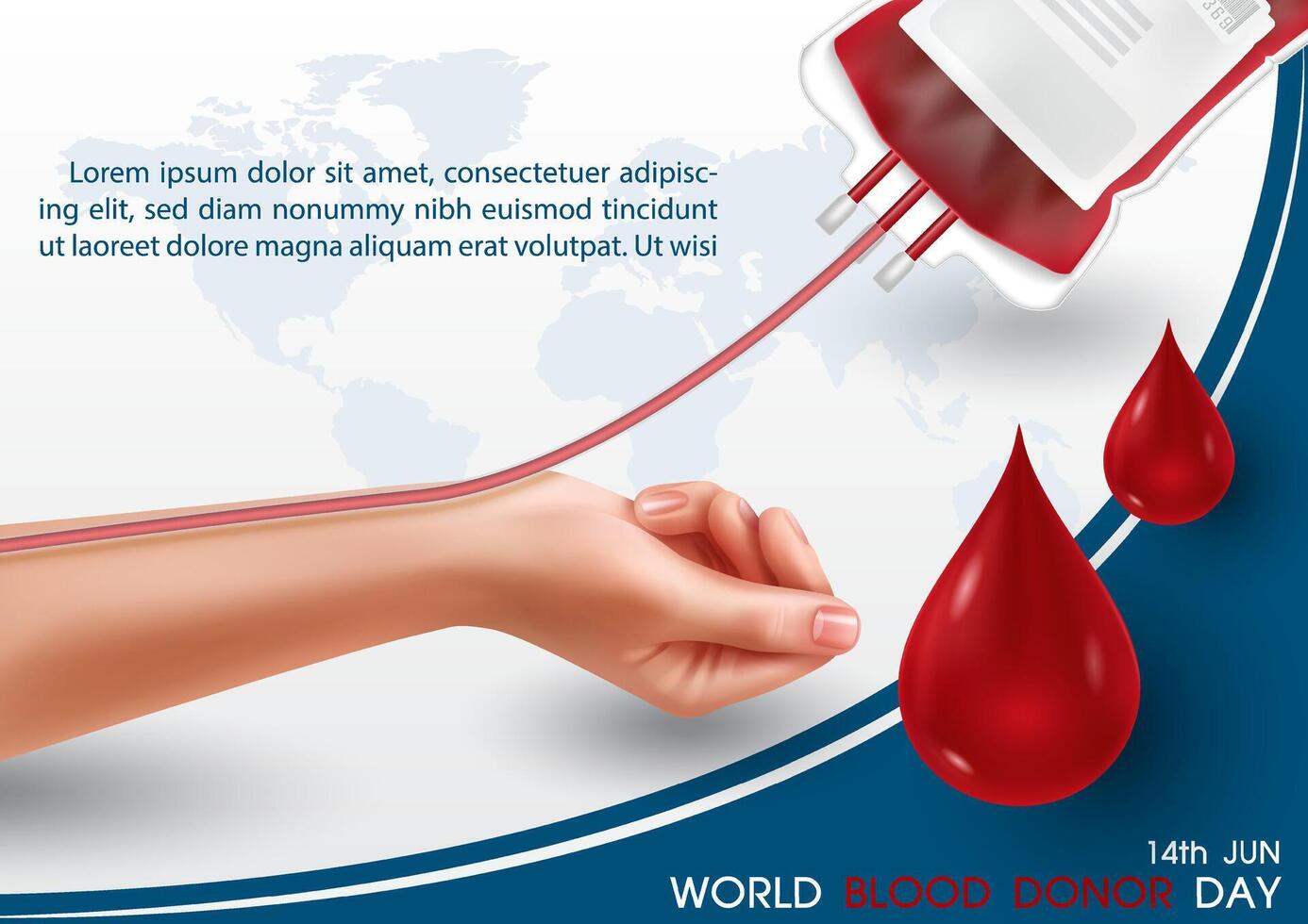 Poster illustration campaign of world blood donor day with hand of human sharing bloods in realistic style, blood droplets, wording of event and example texts on world map and white background. vector