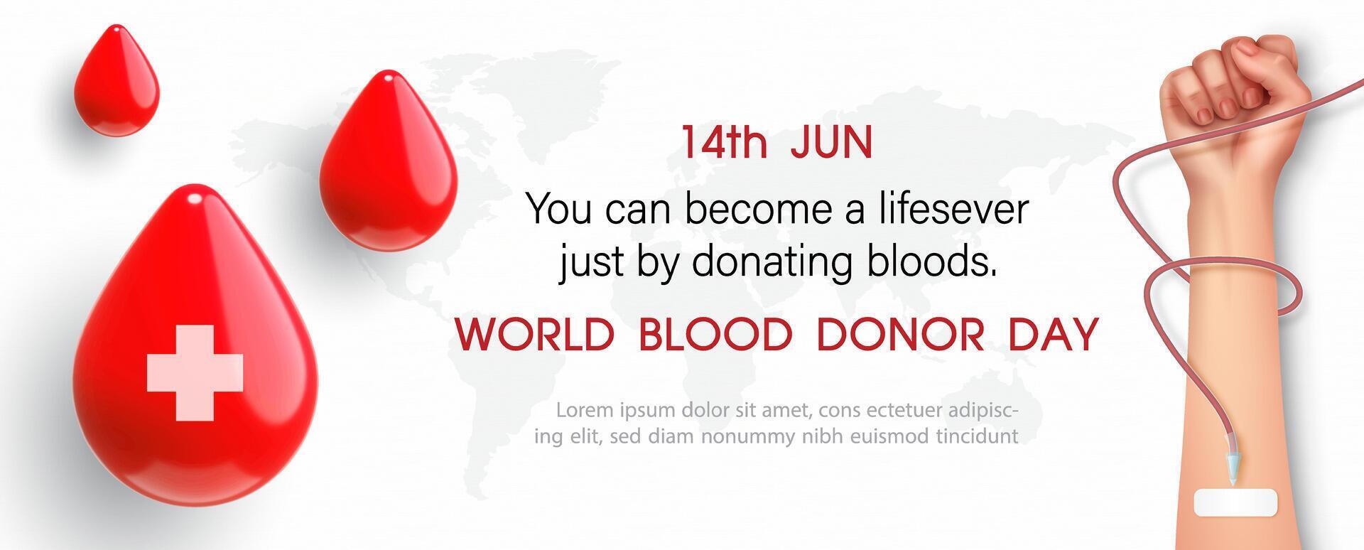 Blood droplets with human donation blood and wording of event, example texts on world map and white background. Poster's campaign of world blood donor day vector