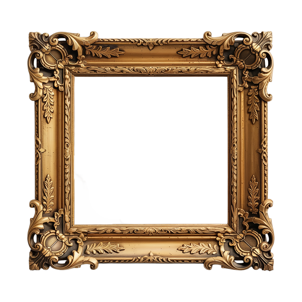 An antique gold frame with a transparent background and a golden picture frame. png
