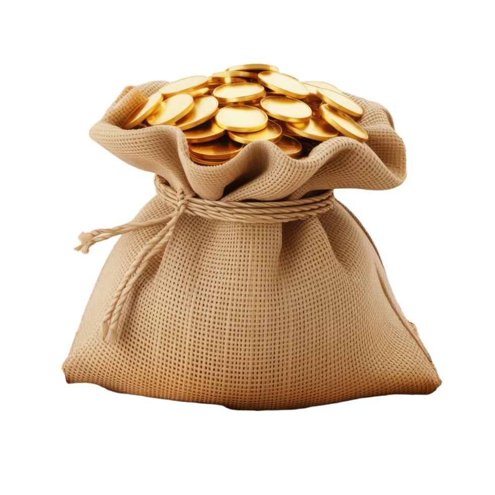 Sack of blank golden coins isolated on transparent background, bag with coins png