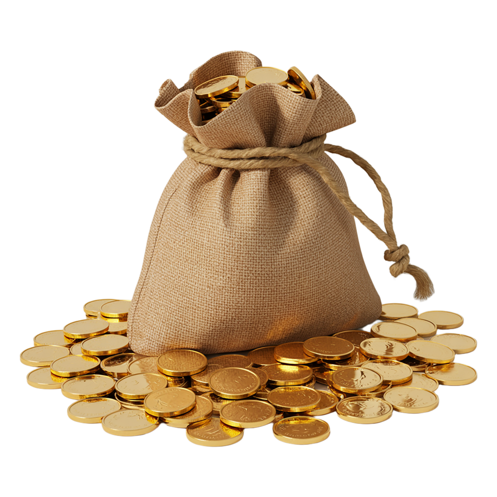 A bag filled with golden coins on transparent background. png