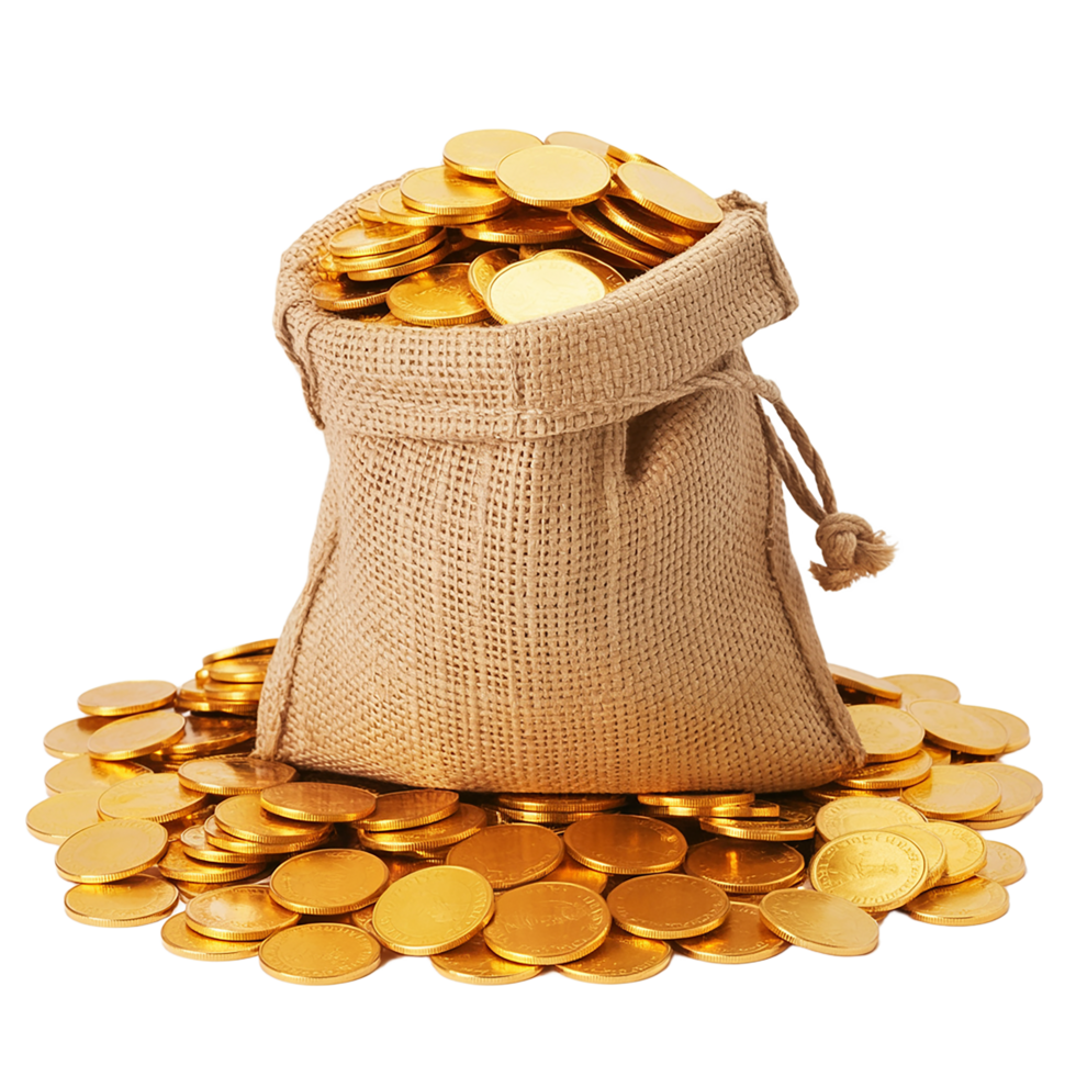 A bag with coins and a stack of blank golden coins on a transparent background. png