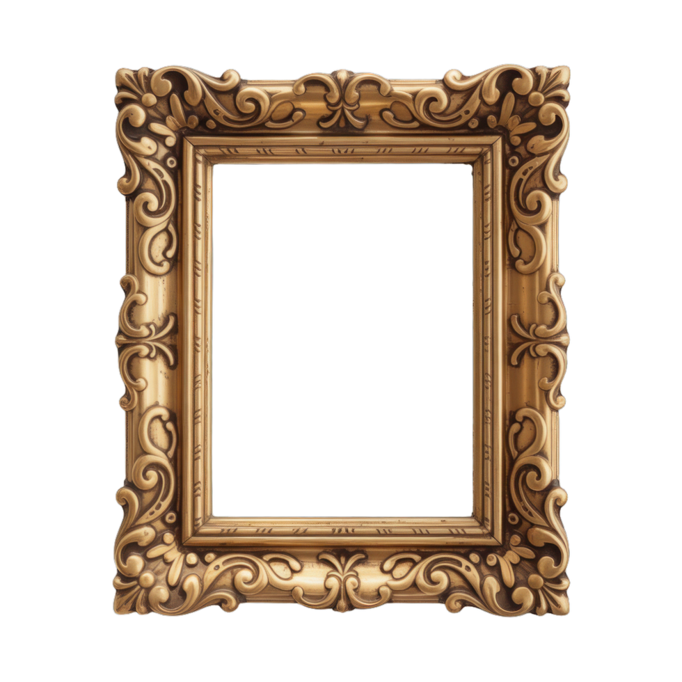An antique gold picture frame with a transparent background that is isolated in a picture png