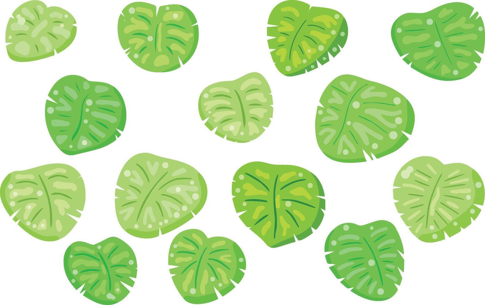 Lily pad leaves cartoon set, green foliage, white background, playful design, nature elements. Various sizes with detailed textures. Art brings a fresh and tropical vibe. vector