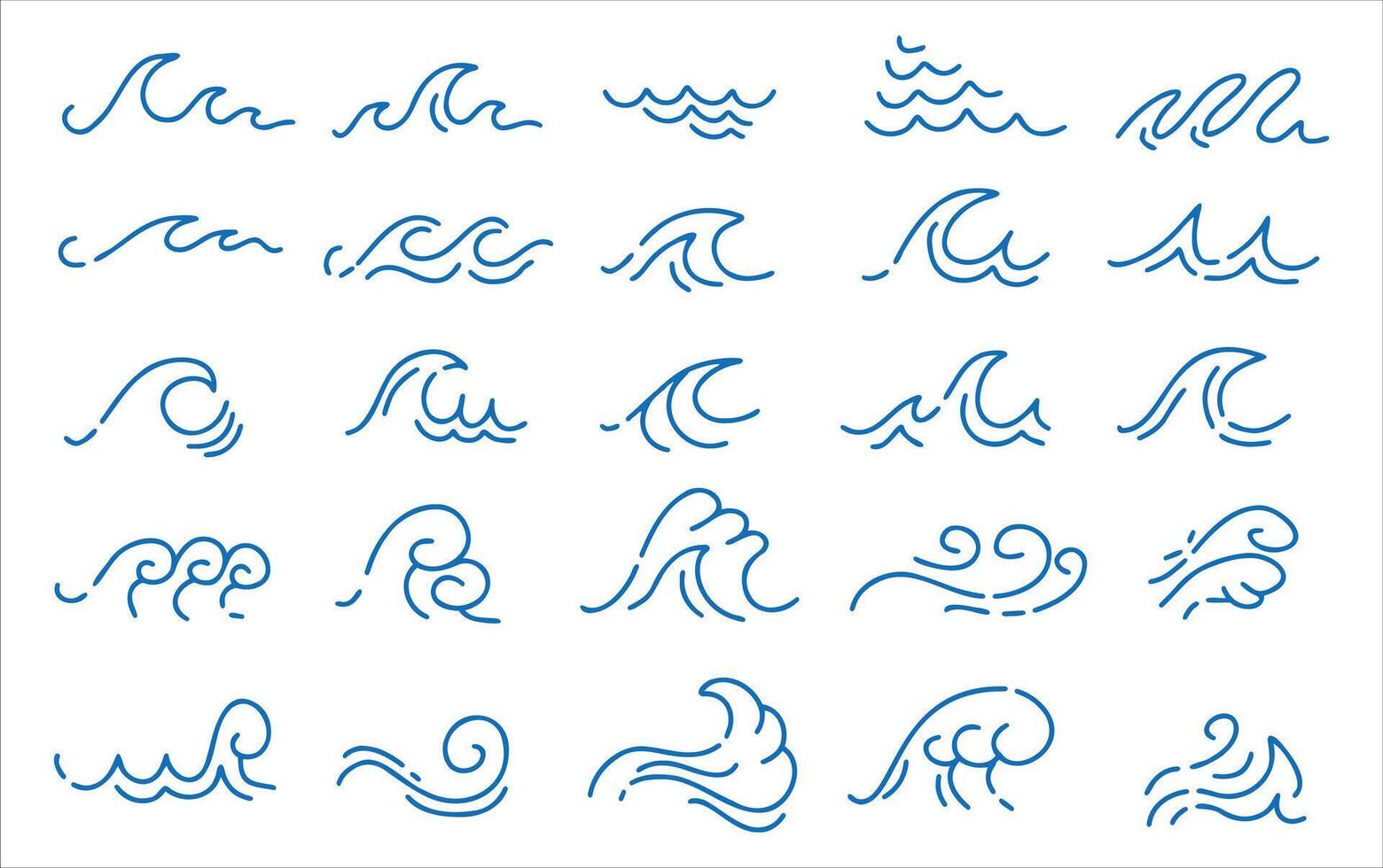 Collection of hand-drawn wave icons and elements, blue water and flowing abstract curve lines. Concept for ocean-inspired designs, nautical themes, or creative projects. Wavy natural patterns vector