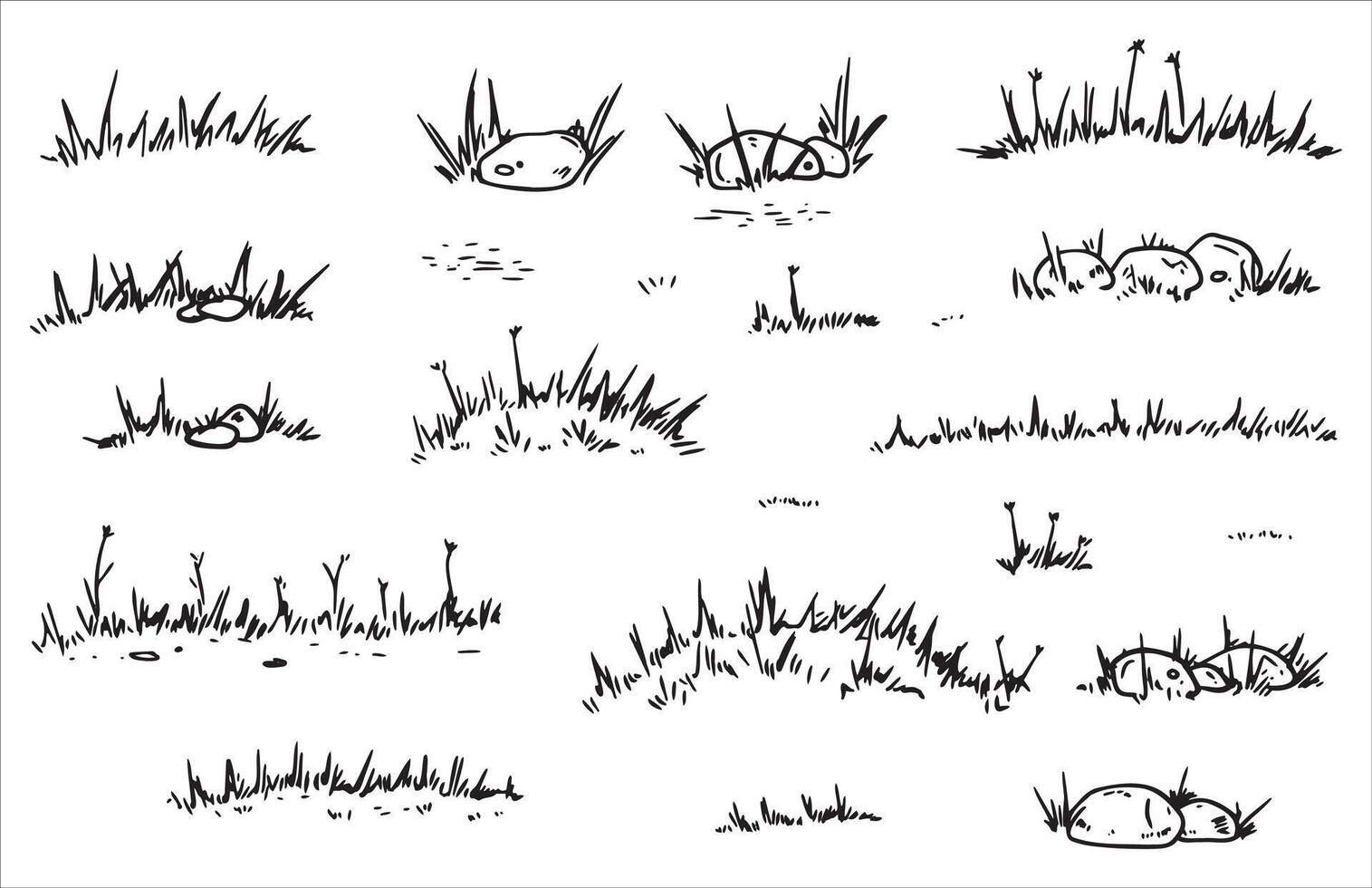 Hand-drawn sketches of grassy fields, rocky landscapes, and doodle natural scenery. Set for nature-themed projects, backgrounds, or illustrations vector