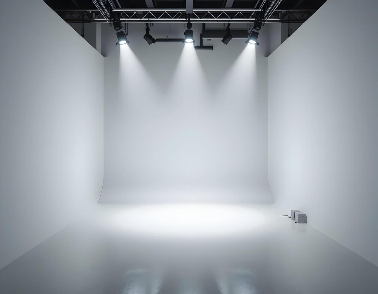 Empty Photo Studio with White Backdrop and Lighting Equipment