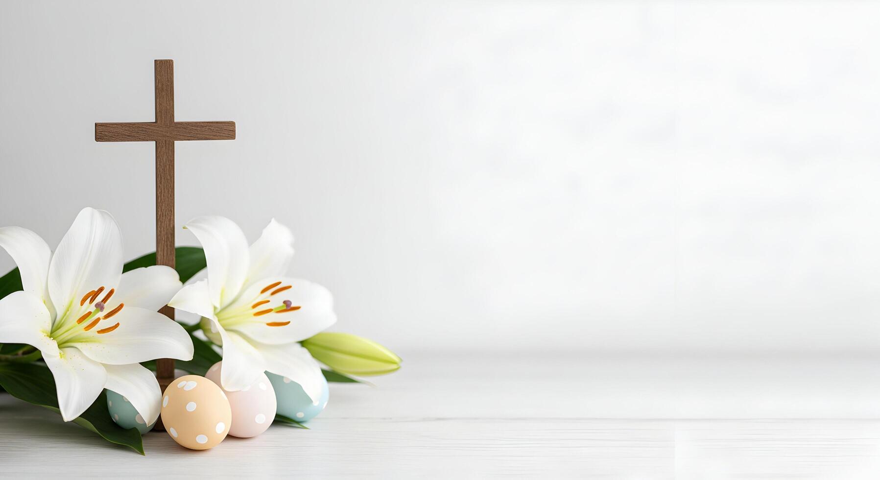Easter Still Life with Lilies, Cross, and Decorated Eggs photo