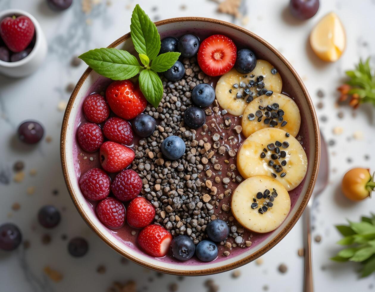 Eating Smoothie Bowl with Fresh Berries and Banana Slices photo