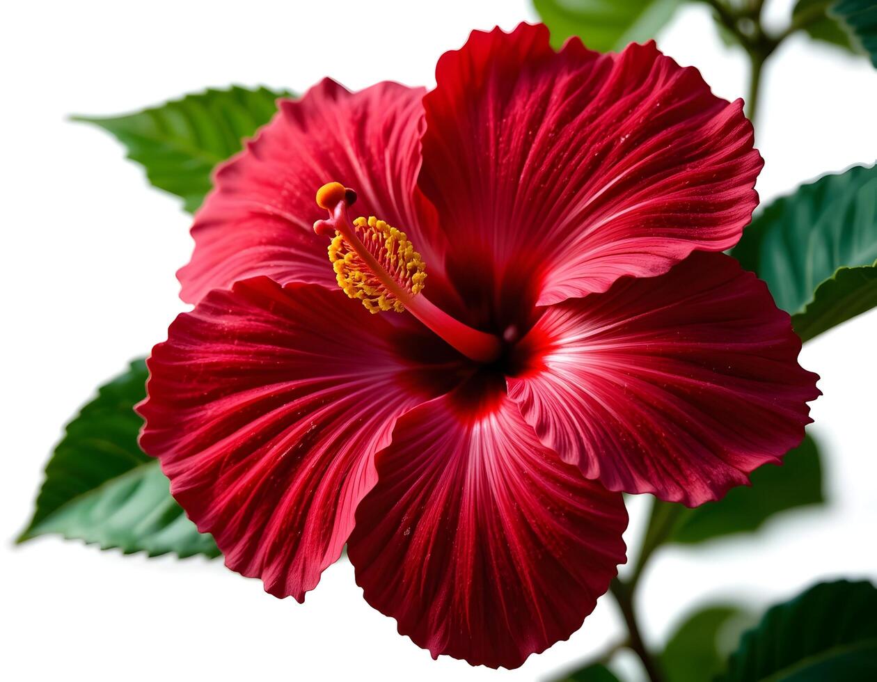 Vibrant Red Flower Bloom with Green Leaves Isolated on White Background photo