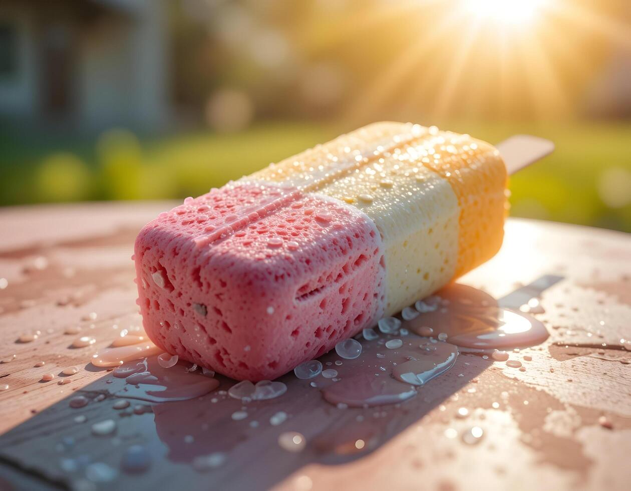 Colorful Frozen Treat Melting on Wooden Table in Summer Sunlight photo