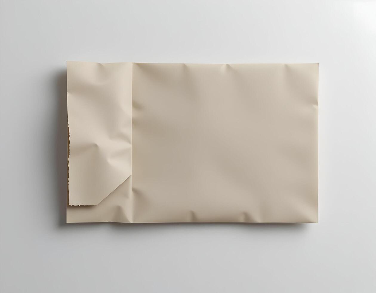 Tan Paper Sheet with Torn Edge Lying Flat on White Surface photo