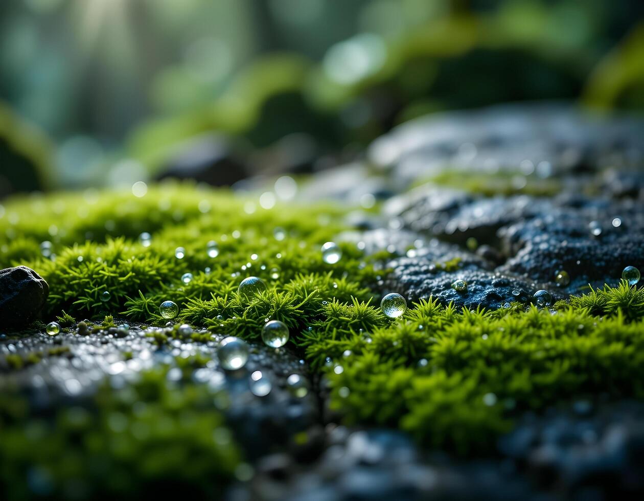 Close-up of Moss with Water Droplets on Rock photo