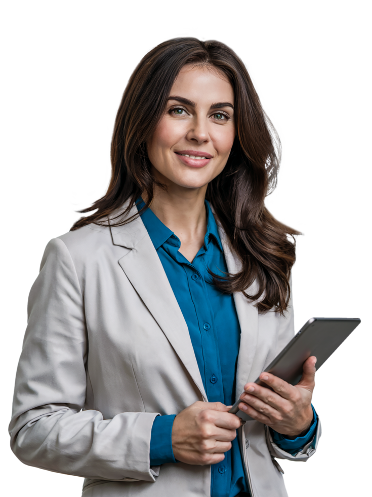 Confident Woman in Office Outfit with Tablet on Transparent Background png