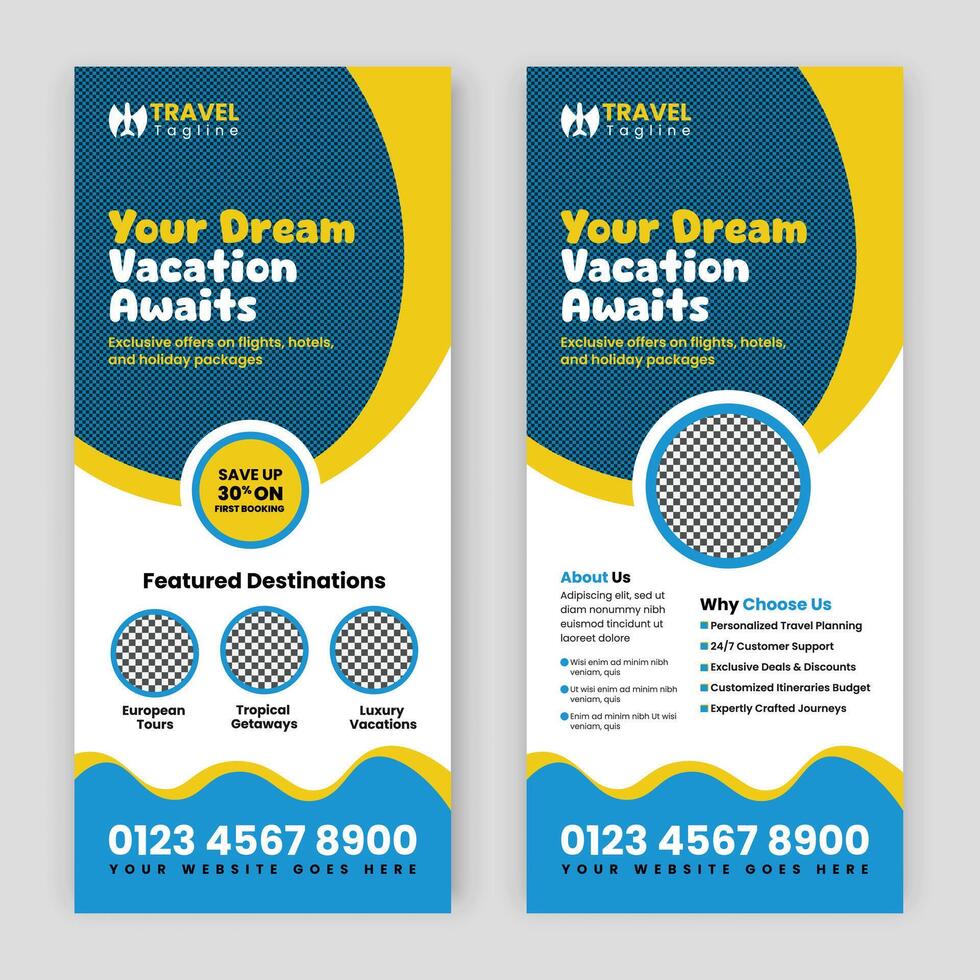 Travel agency Rack Card, Dl Flyer roll up banner, brochure Template, Tour Poster, Leaflet handbill and Design Template vector