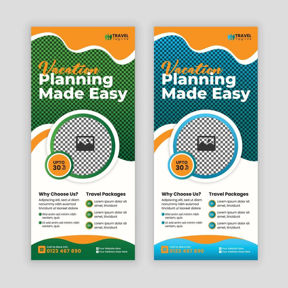 Elevate your travel business with this modern Travel and Tourism DL Flyer and Rack Card Design Template, designed to highlight your services with visually appealing and professional graphics vector