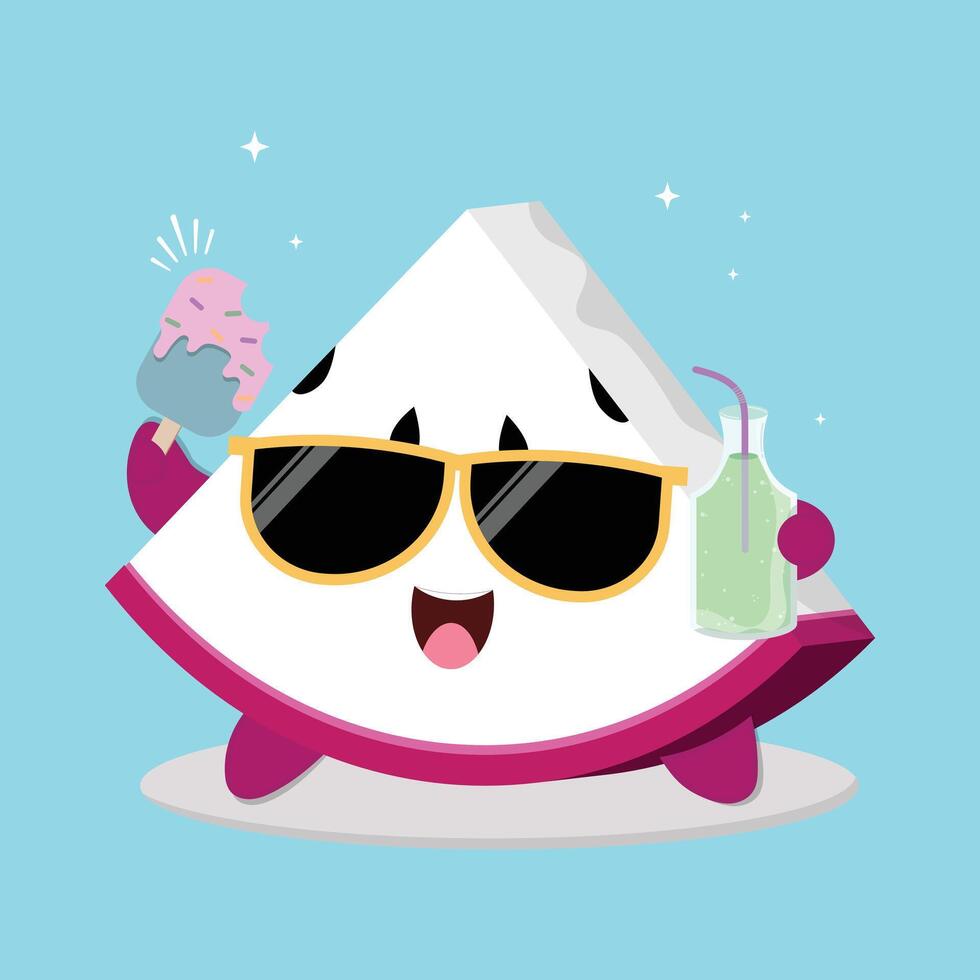 Fresh And Happy Cartoon Dragon Fruit Slice Character Illustration With Ice Cream And A Bottle Of Juice vector