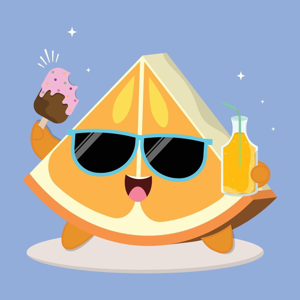 Fresh And Happy Cartoon Orange Fruit Slice Character Illustration With Ice Cream And A Bottle Of Juice vector