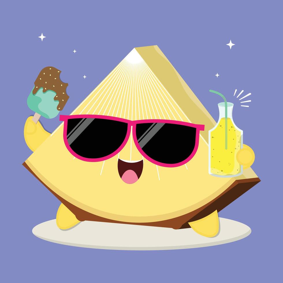 Fresh And Happy Cartoon Pineapple Fruit Slice Character Illustration With Ice Cream And A Bottle Of Juice vector