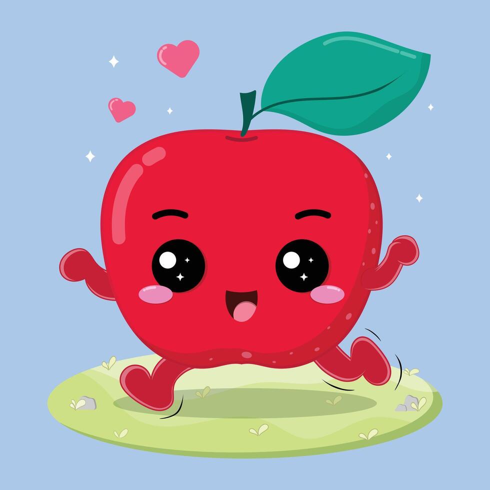 Happy And Cheerful Apple Fruit Cartoon Character Running In The Grassland vector