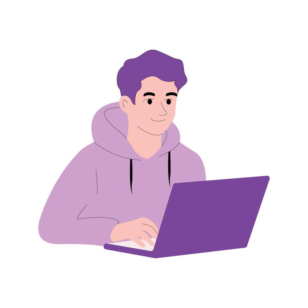 Young Man Working on Laptop Modern Flat Character Design vector
