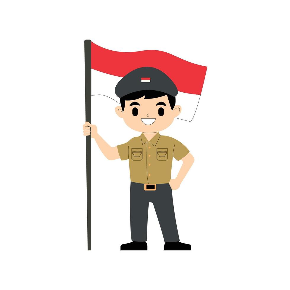 Cute Indonesian Boy in Uniform Holding National Flag vector