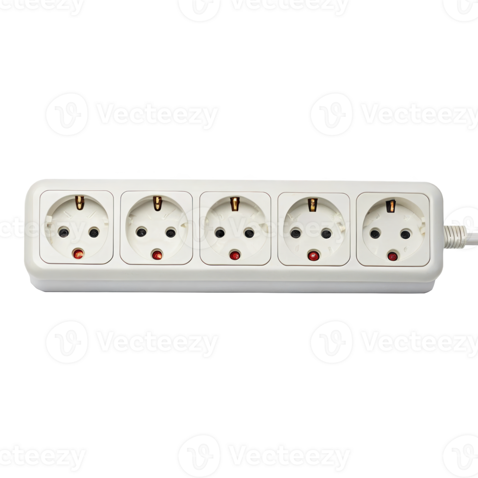 White power strip with five outlets on transparent background png