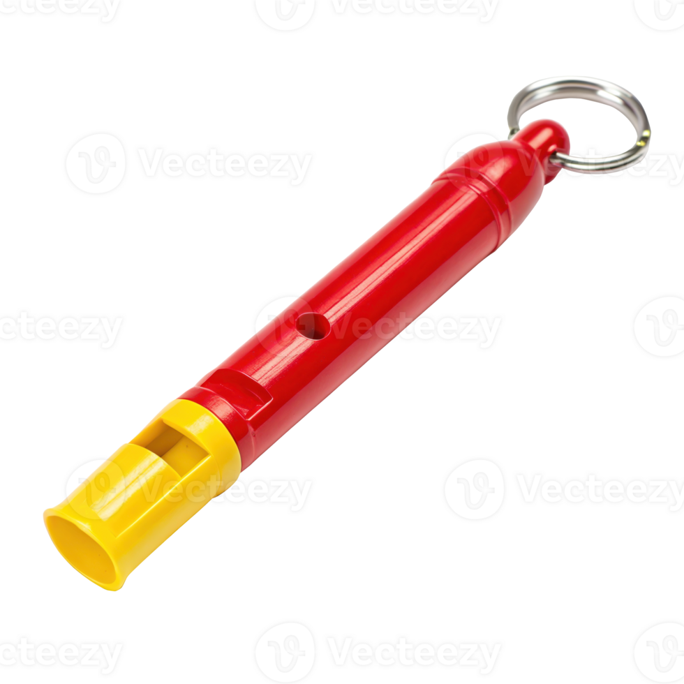 Red and yellow slide whistle with metal ring on transparent background png