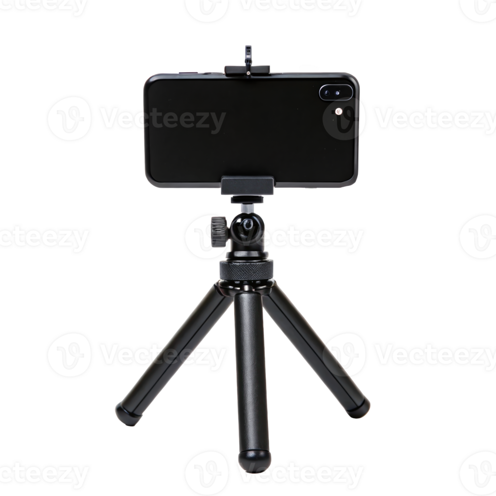 Modern smartphone mounted on a small tripod with transparent background png