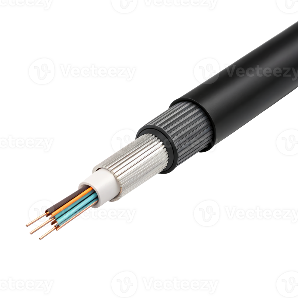 Fiber optic cable segment showing internal components on transparent background png