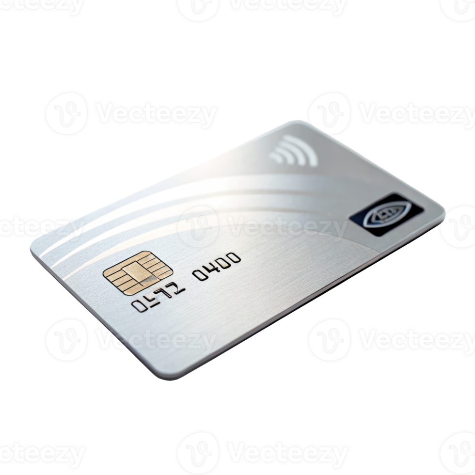Silver credit card with contactless payment technology on transparent background png