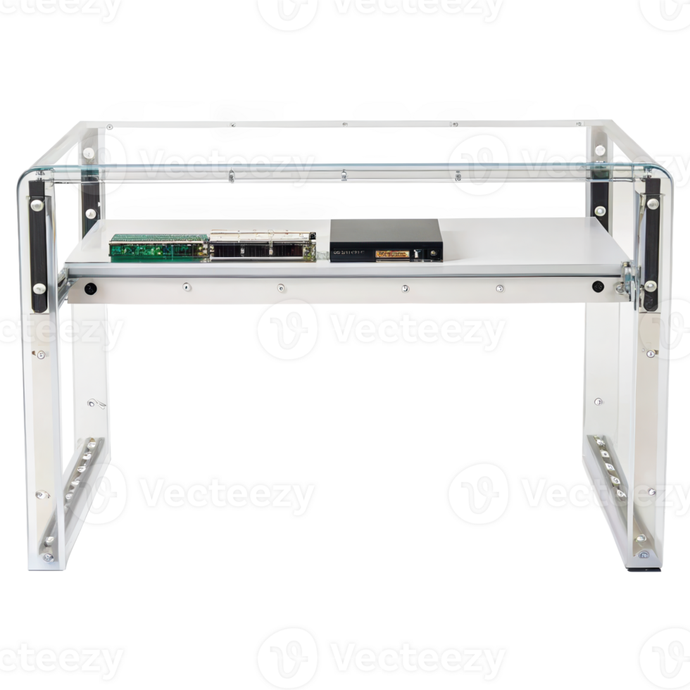 Open frame pc bench supporting circuit boards and mini pc on transparent background png