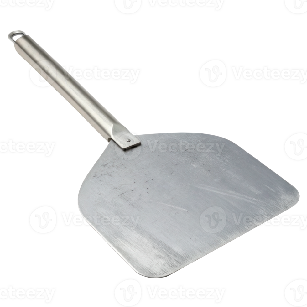 Metal pizza peel with steel handle on transparent background png