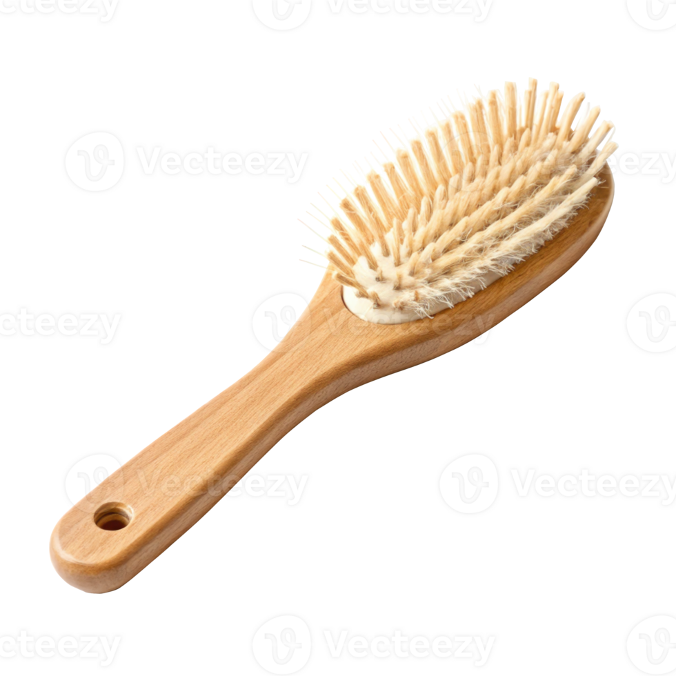 Wooden hairbrush with natural bristles isolated on transparent background png