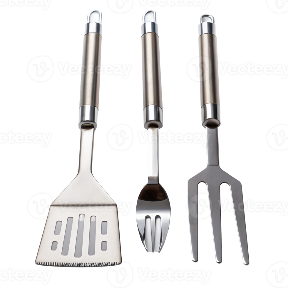 Barbecue tool set with spatula, fork, and meat turner on transparent background png